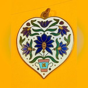 Persian VTG pendant unmarked heart shaped handpainted folk art enamel Artisan